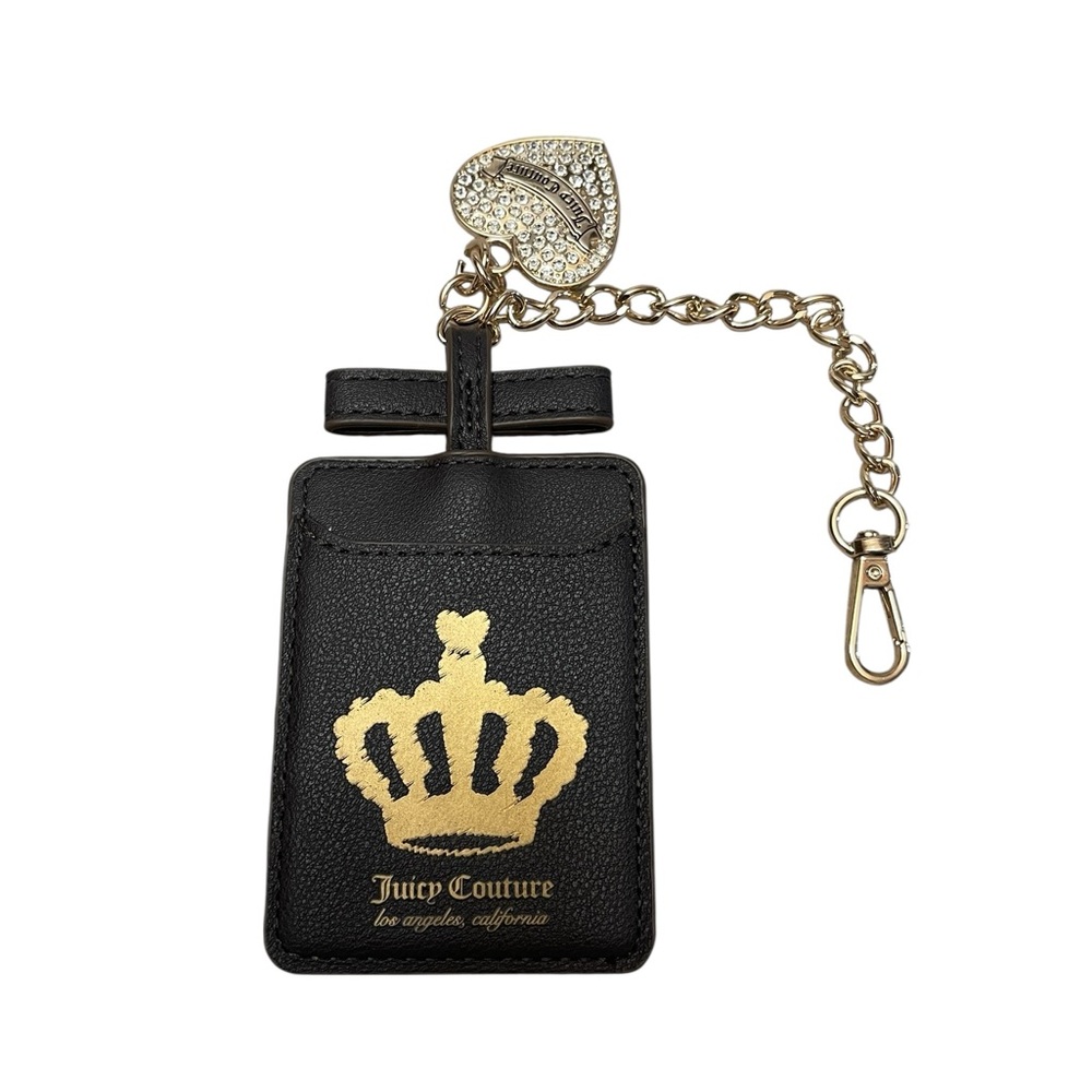 Juicy Couture Dark Brown Faux Leather Card Holder Keychain Gold Heart Charm